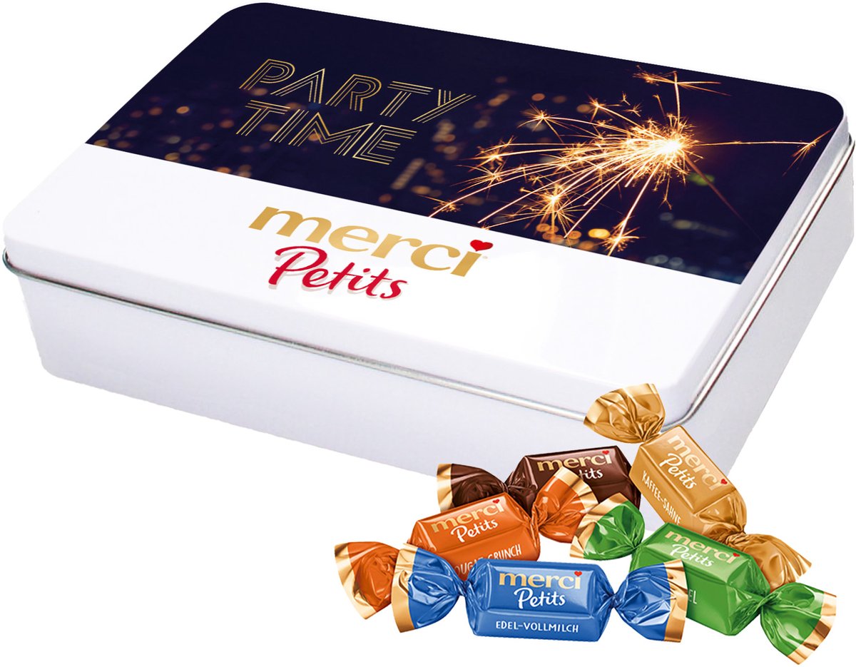 merci Petits "Party Time" 250g - Eindejaarsgeschenk - Kerstcadeau - Tinnen blik met mix van individueel verpakte mini chocolaatjes - Chocolade cadeau - Chocolade mix in tinbox
