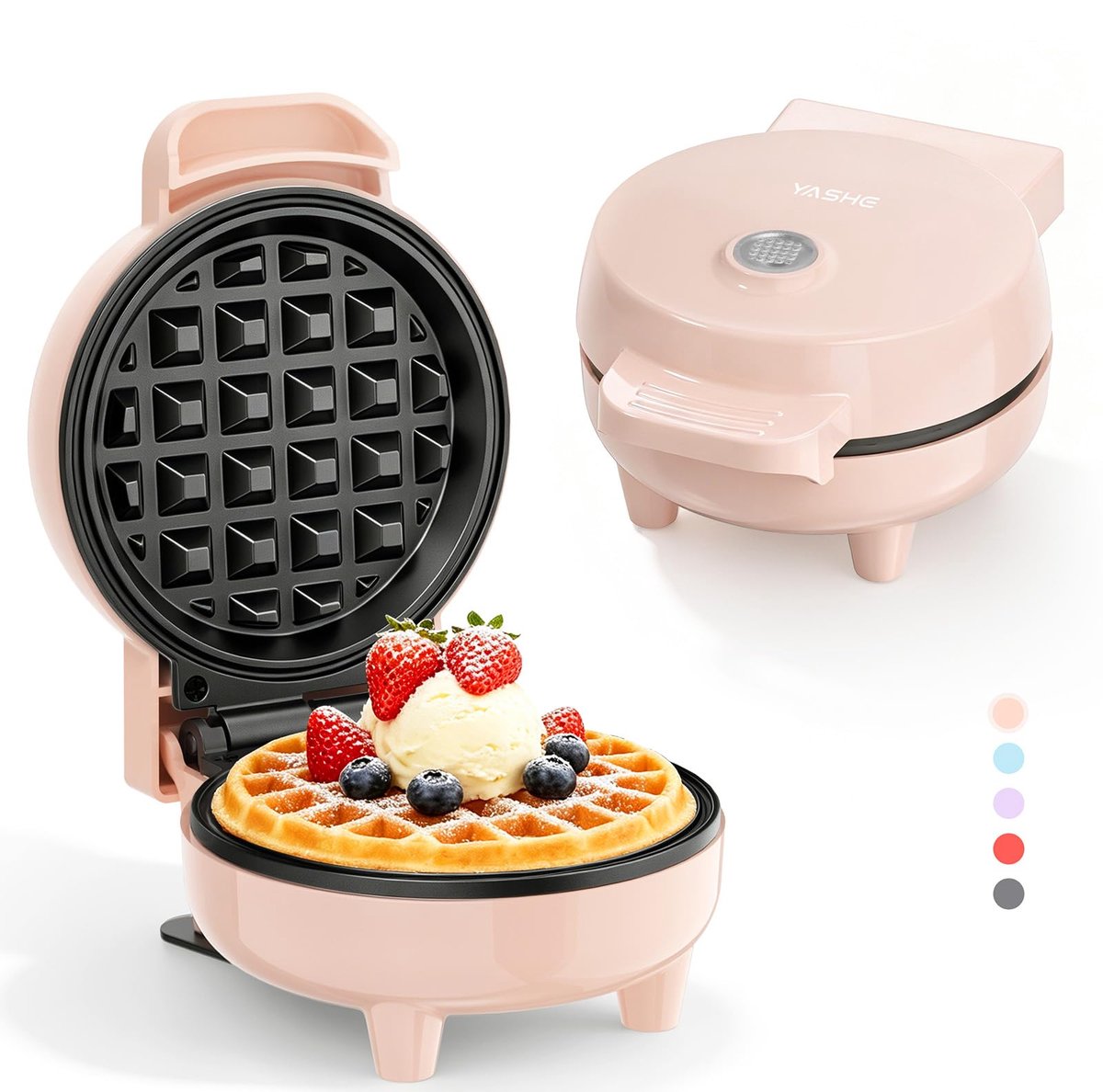 YASHE mini-wafelijzer - 10 cm - 550 W - antiaanbak - roze