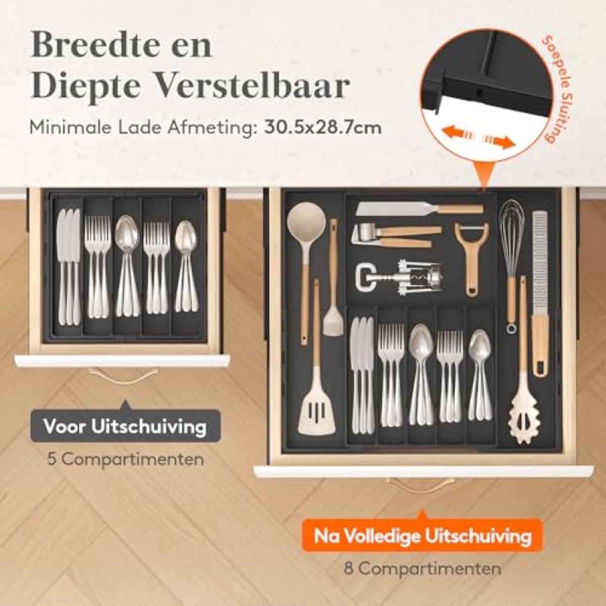 Huis Geluk Bestekbak voor Laden – Verstelbare Kunststof Organizer, 5 tot 8 Vakken, Breedte 30,5-52 cm, Diepte 28,7-49,2 cm, Zwart