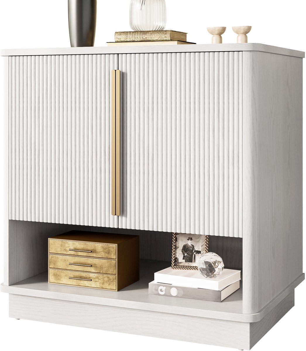 Moderne witte schoenenkast met 2 deuren en open vak – ruimtebesparend, houtlook, gouden handgrepen, voor hal of slaapkamer (60×40×61 cm)