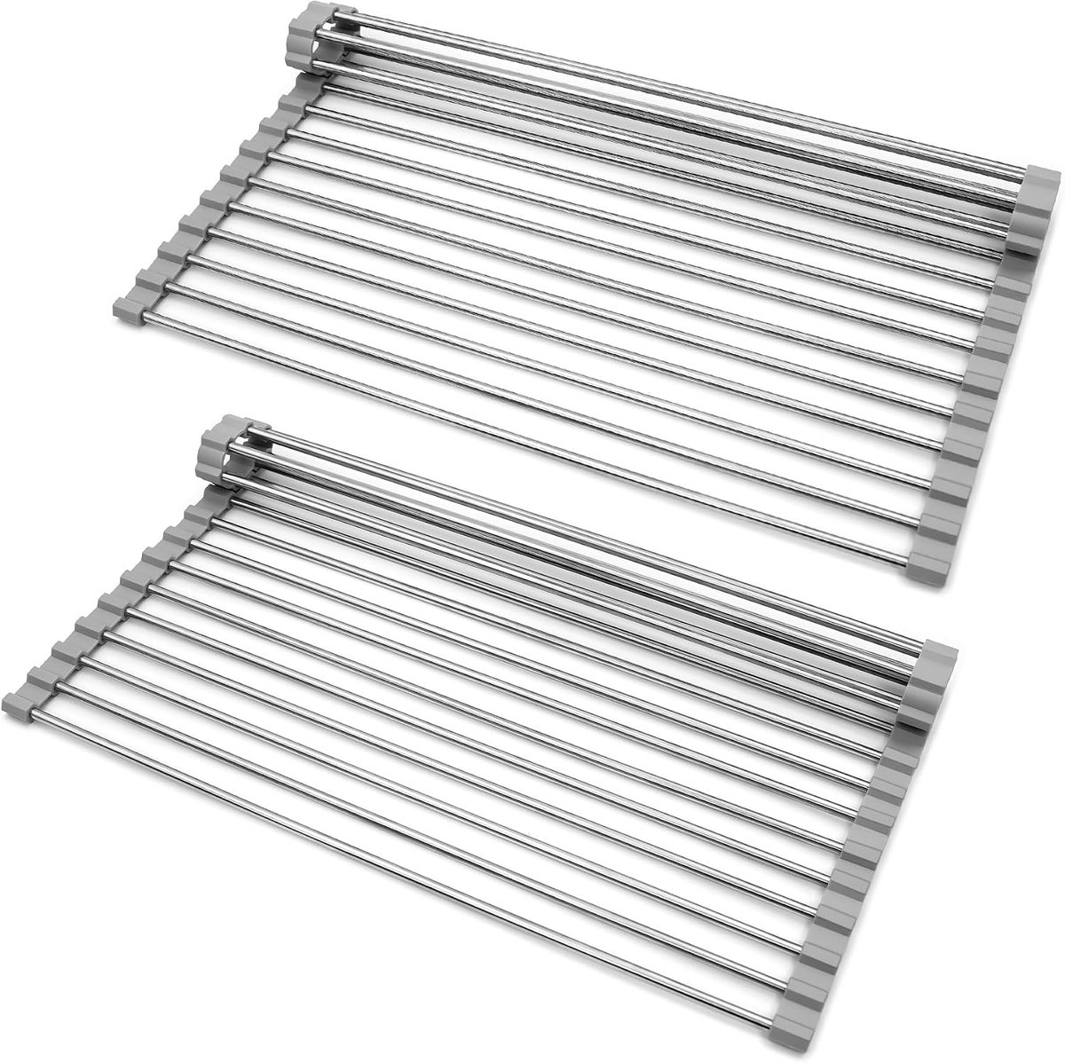 Set van 2 oprolbaar RVS afdruiprekken voor over de gootsteen, 43×36 cm met 18 stalen buizen en siliconen randen, inklapbaar droogrek voor vaatwerk en groenten in de keuken