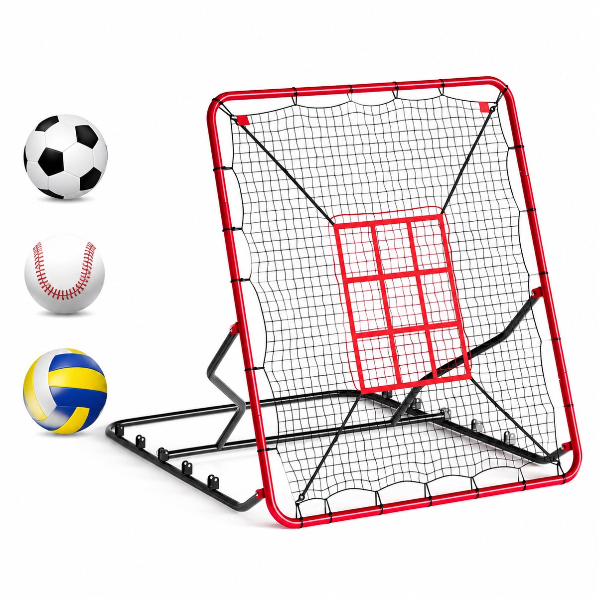 Danky 2-in-1 honkbalreboundnet, 9 doelzones, stevig stalen frame, verstelbare hoek, draagbaar, 195x130x152cm, multisporttraining voor binnen en buiten