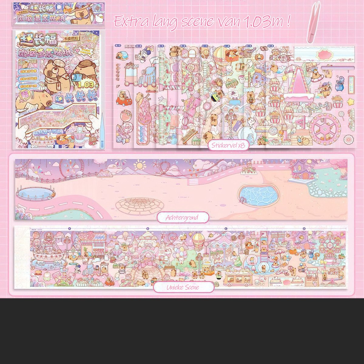 Ainy - Scene 3D Stickerboek L Pretpark | Inclusief Pincet | Vouwbare achtergrond 18.5*103cm met PET Stickers | Kat & Vrienden miniatuur sticker | Creatief & Rustgevend