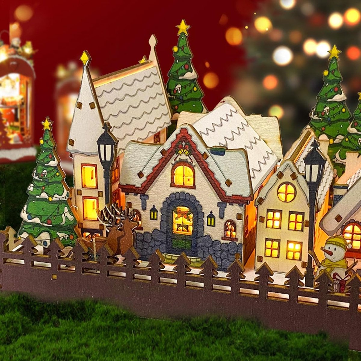 Kerstdorp Houten Set - Verlicht Dorp Kersthuisjes - Feestelijke Decoratie - Compleet Met Verlichting – foto 4