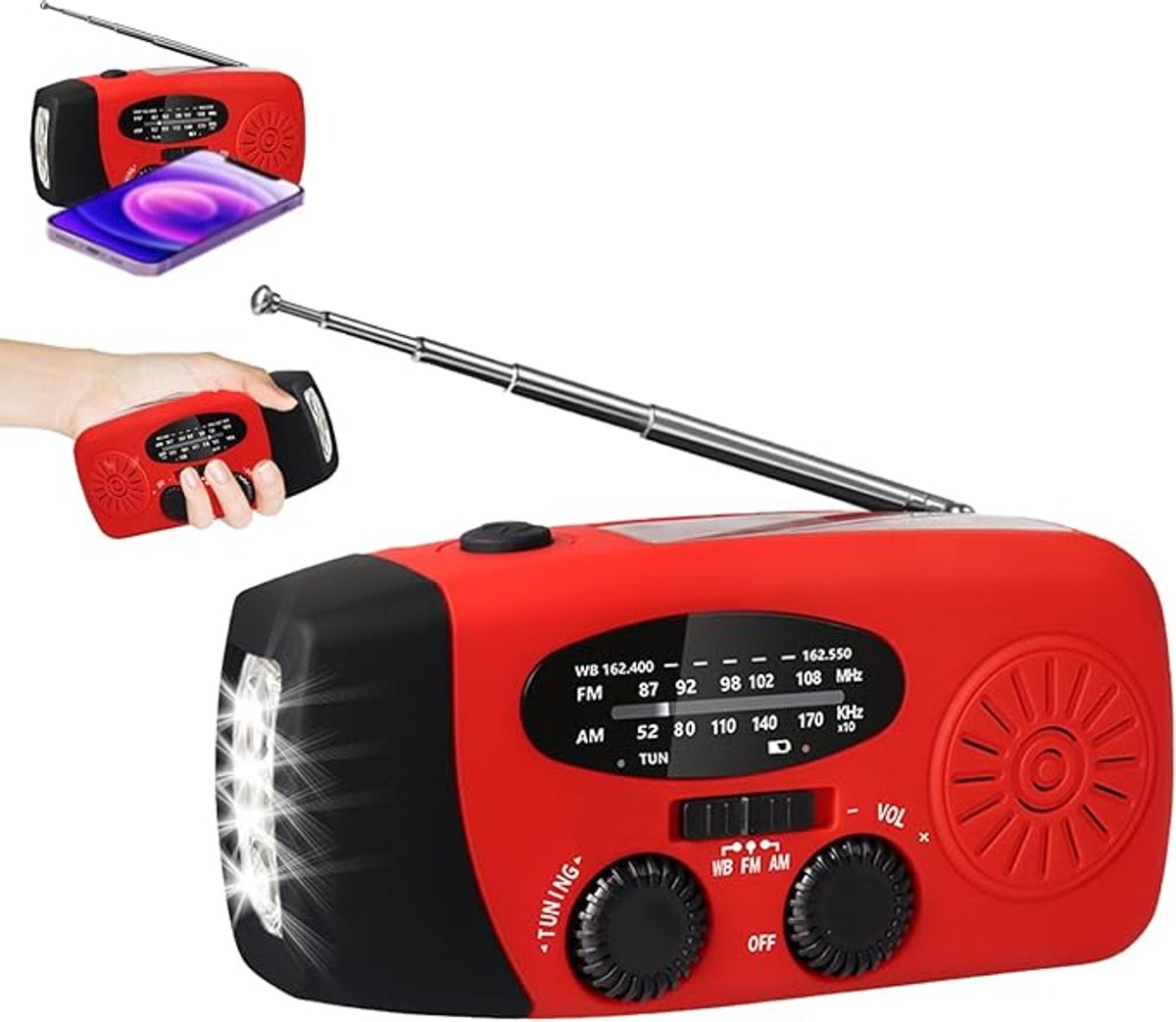 Draagbare Noodradio - Wind-Up Solar Radio - Noodradio - Opwindbare Survivalradio - Solar Powerbank - voor Outdoor, Caravan, Festival en Stroomuitval - rood