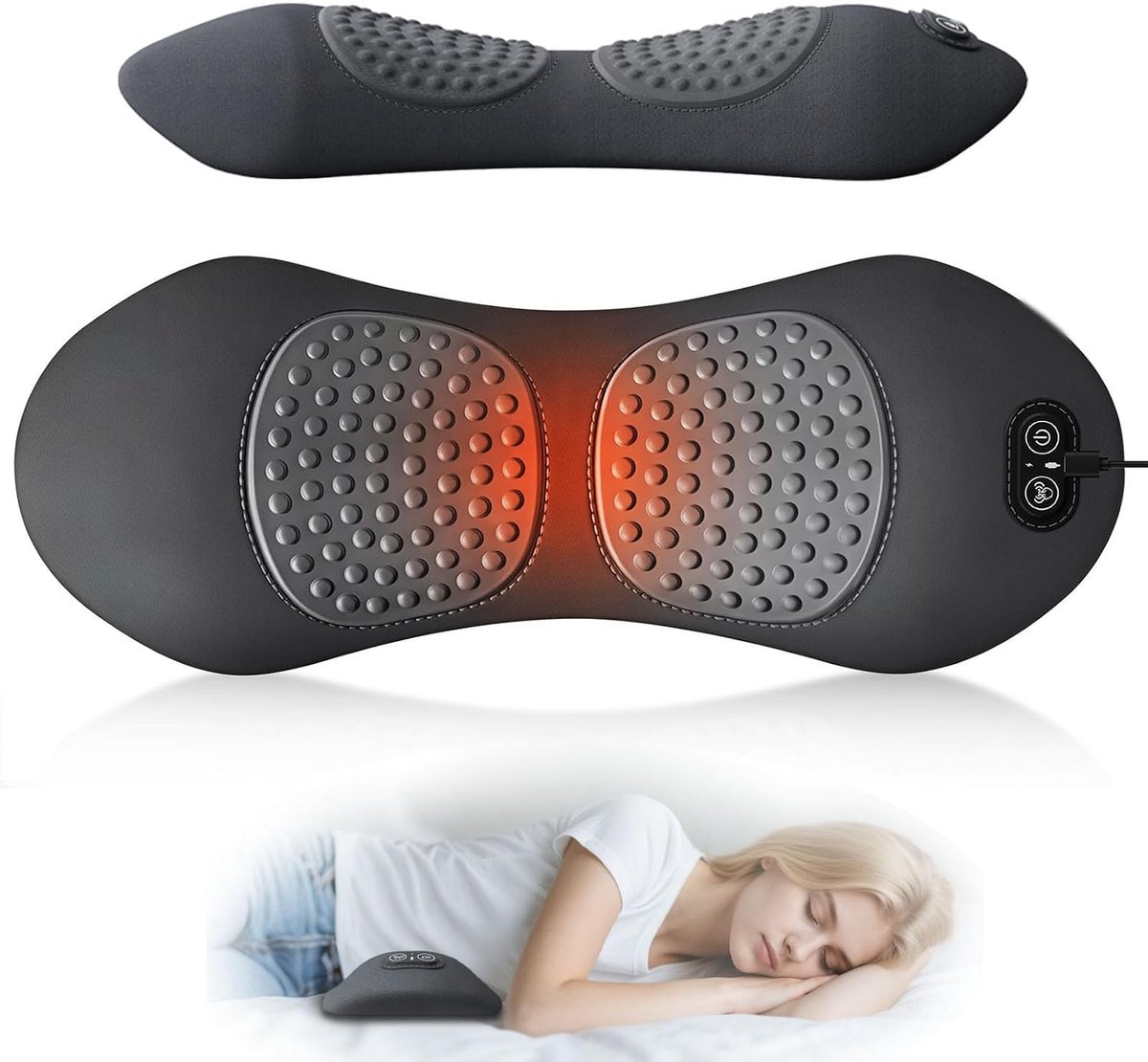 Bobypet - Massagekussen - 3-in-1 elektrisch rugmassagekussen met shiatsu, warmte- en vibratiefunctie - Oplaadbaar via USB - Lendensteun - 2500 mAh - Donkergrijs