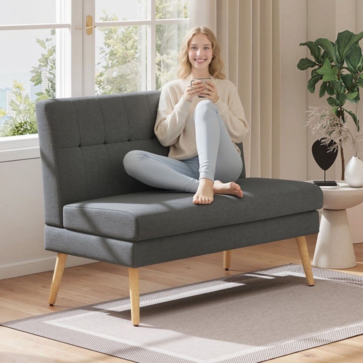 REDOM - Bank - 2-zits en compact voor kleine ruimtes - Getufte rugleuning - Dikke vulling met pocketveren - Scandinavisch & Basic - Woonkamer, slaapkamer of eethoek - Linnenlook stof en rubberhouten poten - Donkergrijs - 118 x 68 x 90 cm