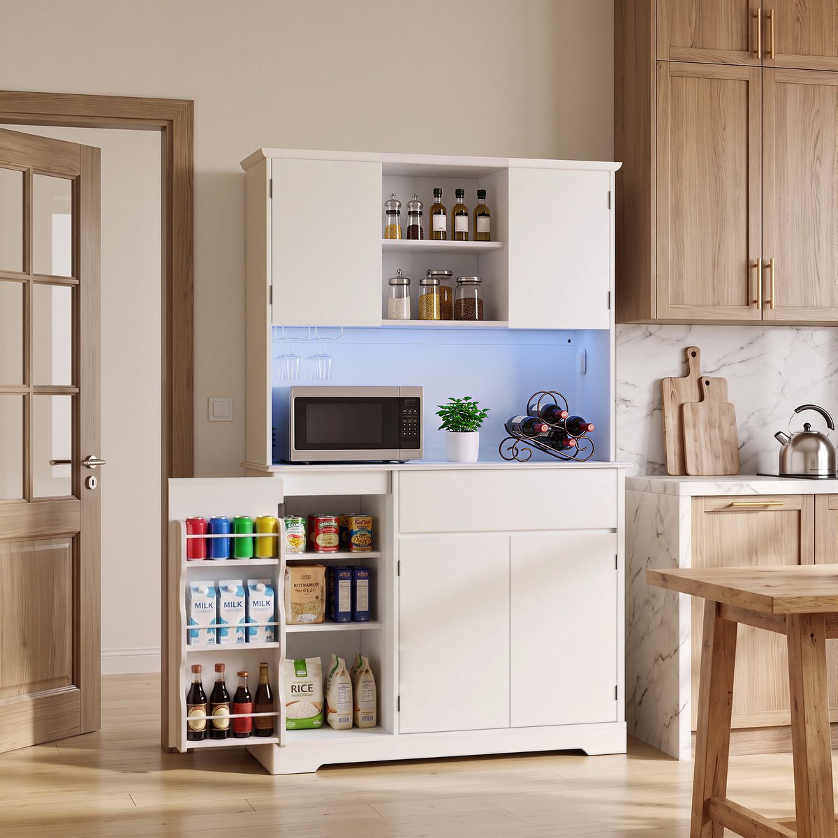 Xbro Keukenkast met 1 Lades,5 Deuren en 4 Verstelbare Planken,Buffetkast met Verstelbare LED-Verlichting en EU-stekker,Opbergkast voor Keuken en Woonkamer,Wit