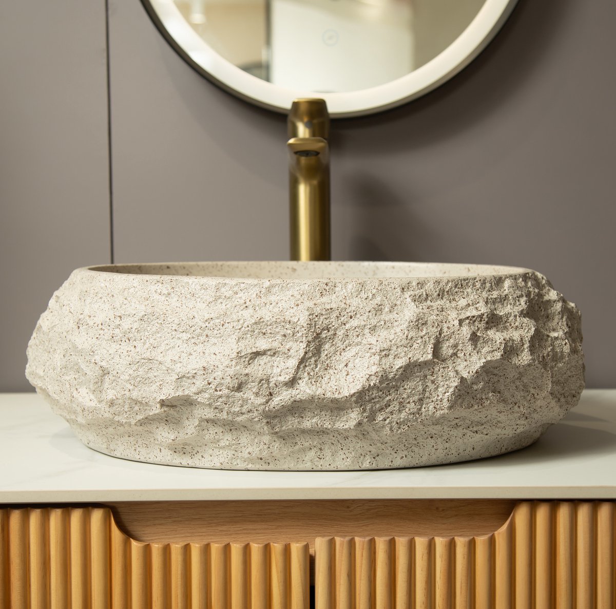 REDOM - Waskom - Asymmetrische organische vorm - Steenlook - Zonder overloop en zonder kraan - Artistieke stijl - Badkamer - Hars - Beige - 62 x 52 x 28 cm