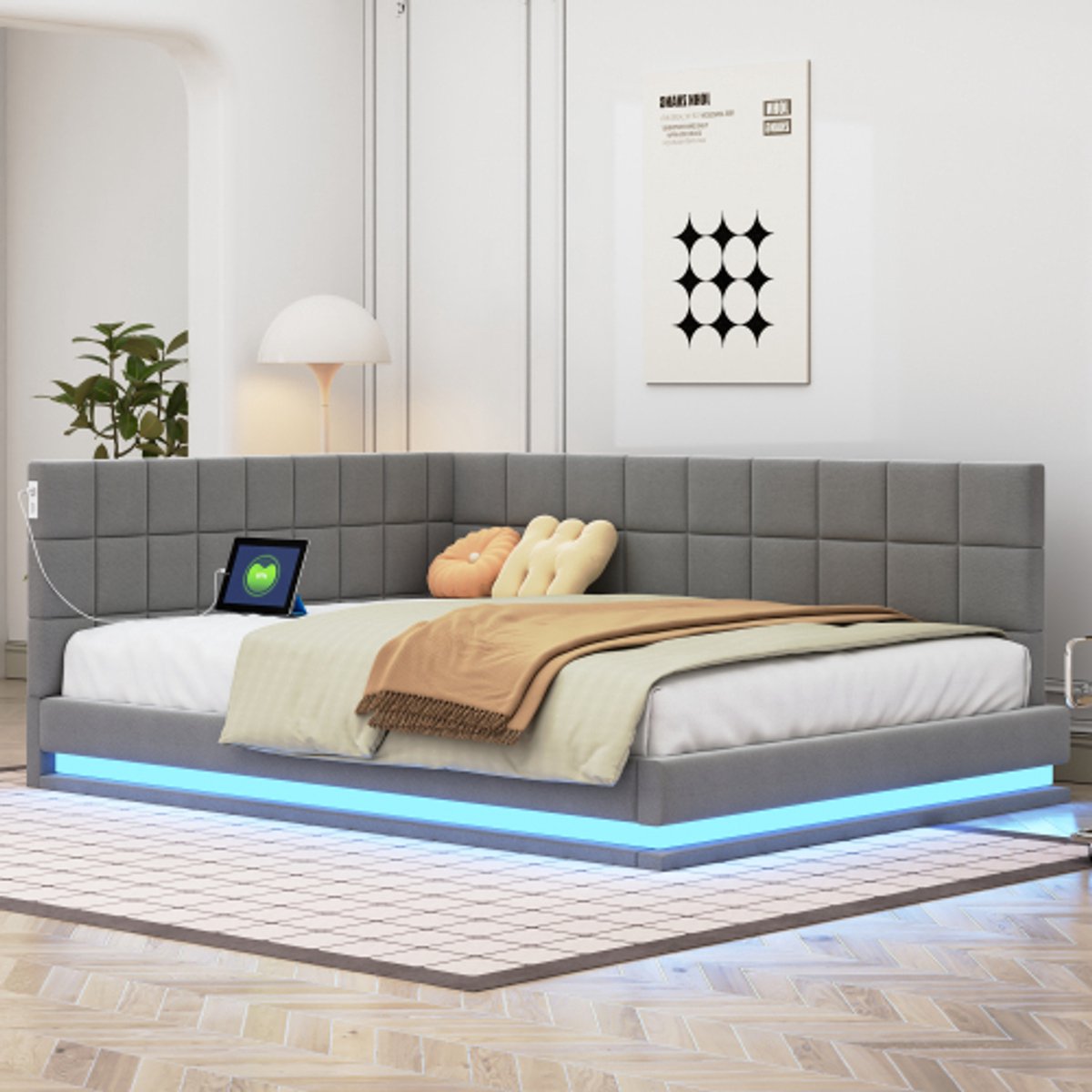 Gepolsterd Slaapbank - Met LED Verlichting - USB Aansluiting - 206x147 cm - Grijs