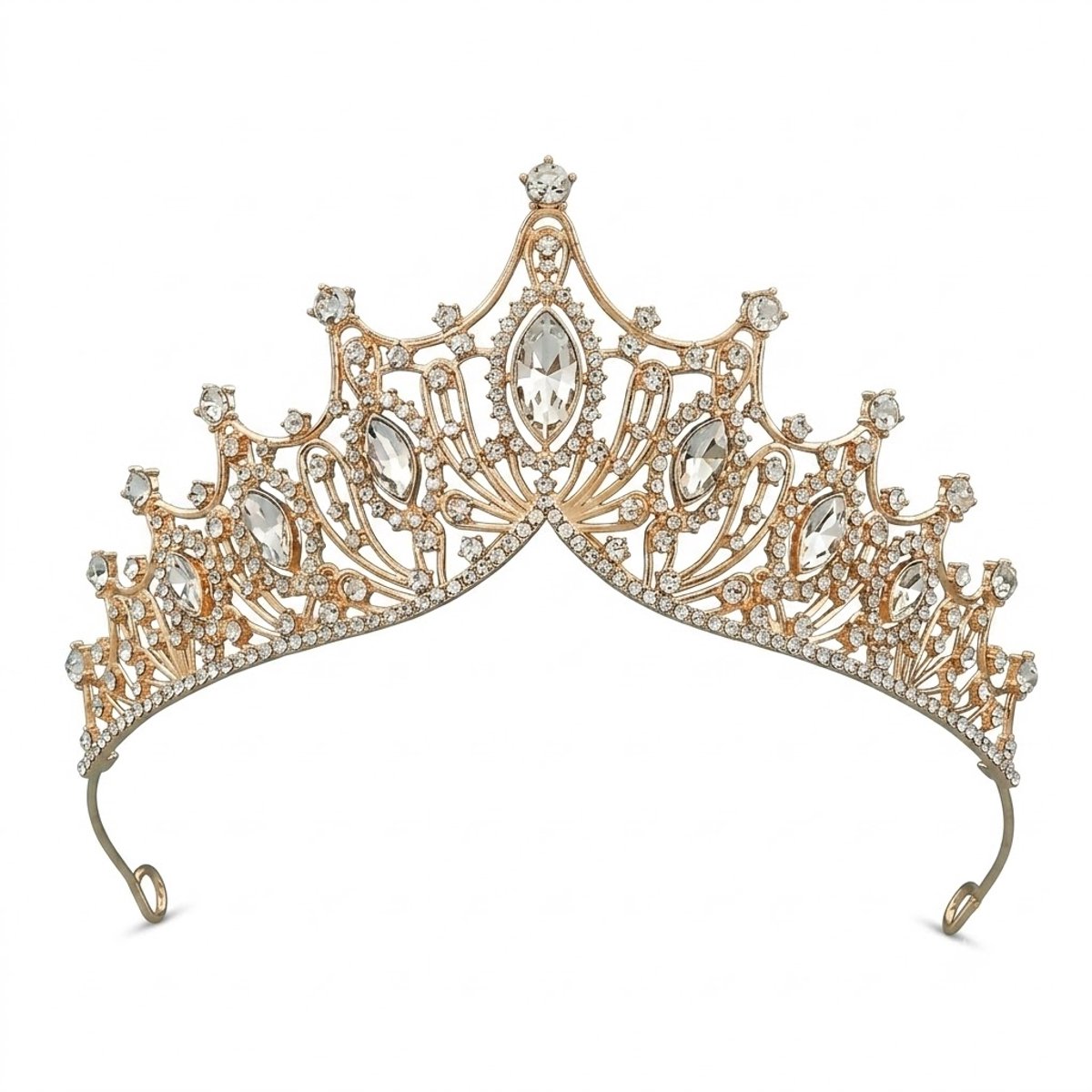 Goudkleurige witte tiara dames met transparante druppelvormige sierstenen en opengewerkt kroon ontwerp haar accessoire voor bruiloft gala feest prinsessen look met bloemmotief