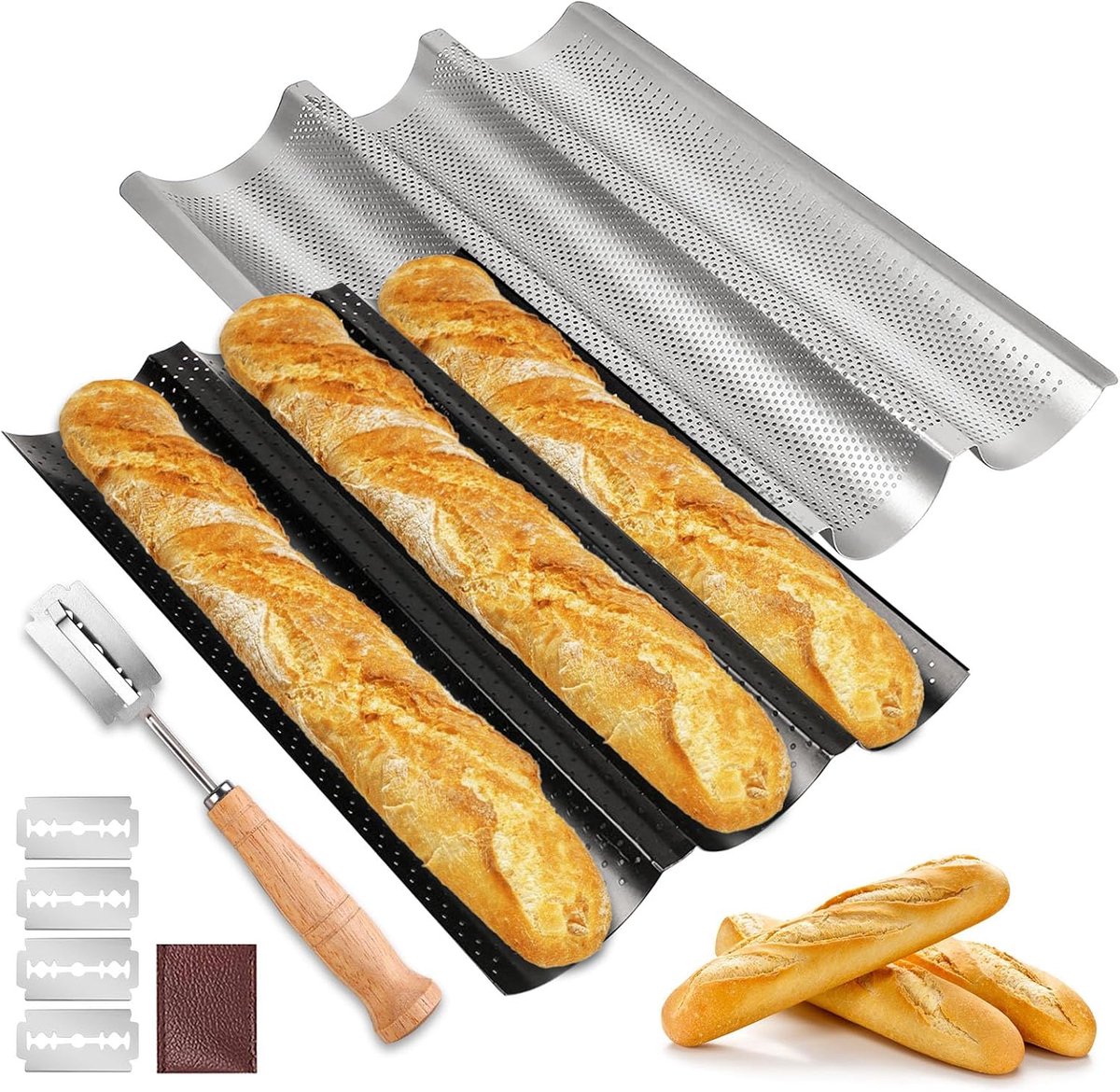 SnelShoppen - Baguette Bakvorm Set van 2 voor 3 Baguettes met Bakmes, Anti-aanbaklaag, Baguette Bakplaat 38 x 24 cm, Broodbakaccessoires voor Keuken