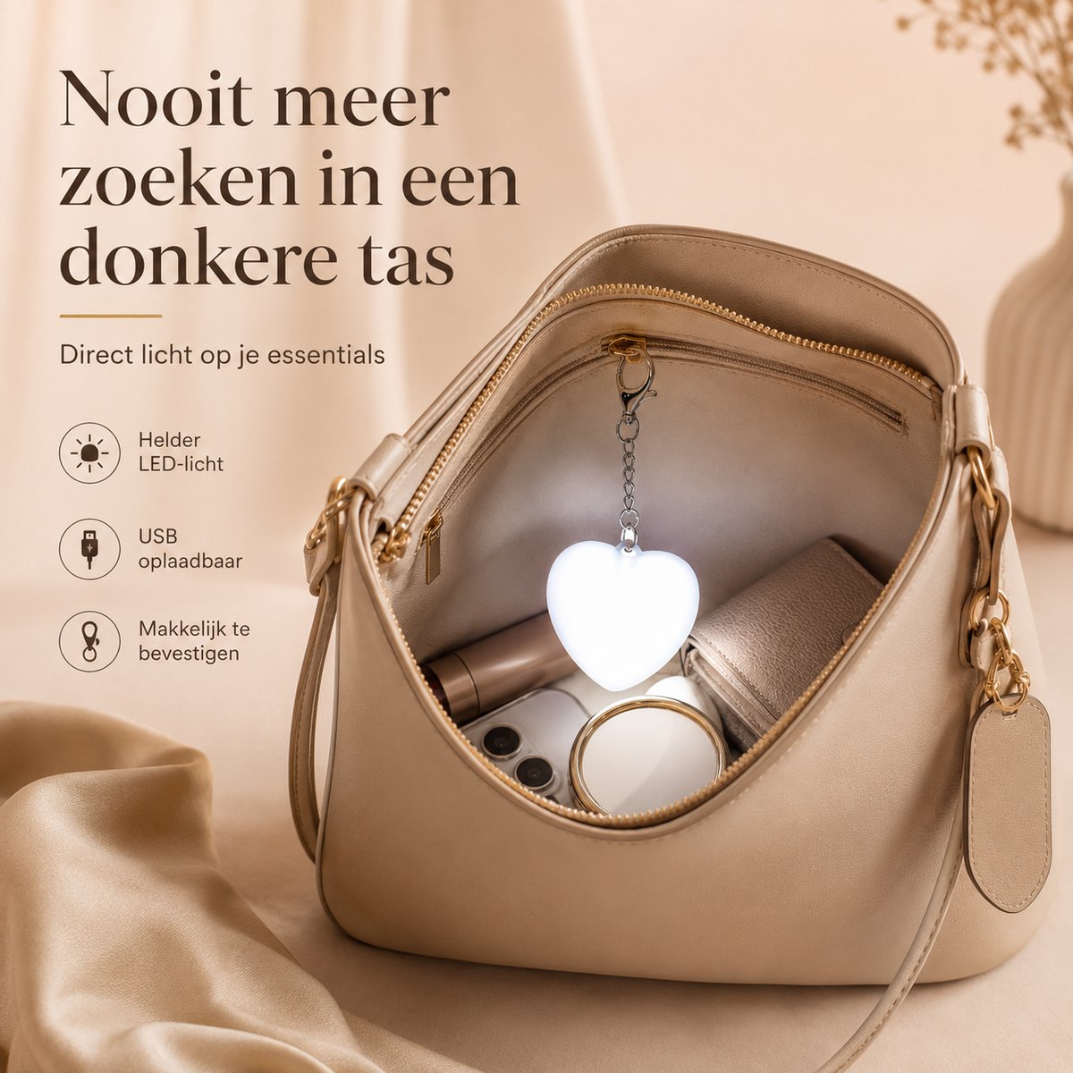 Zirkle Handtaslampje Hart – Oplaadbare USB-C LED Taslamp met Touchbediening en 2 Lichtstanden – Compacte Tasverlichting, Portemonneelampje, Mini Zaklamp, Sleutelhanger en Tashanger voor Handtas, Rugzak, Schooltas, Reistas, Koffer en Sleutelbos – Wit
