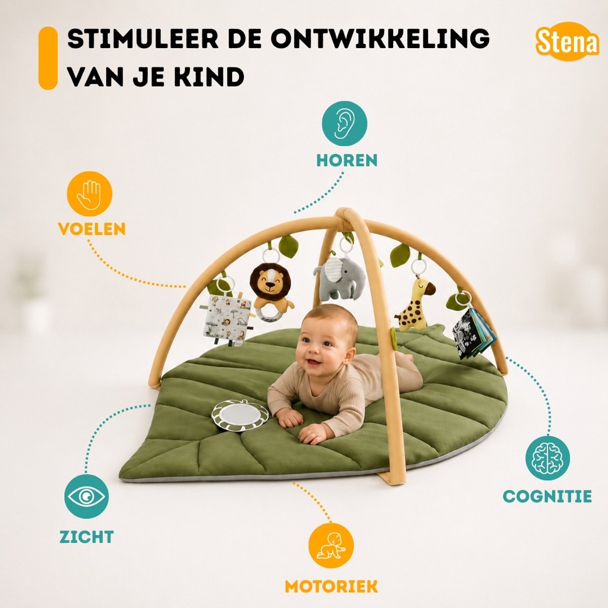 Stena Babygym - Speelkleed Baby met Boog - Jungle+ - 8 Speeltjes - Speelmat - Trendy Design - 0 tot 18 Maanden — afbeelding 6