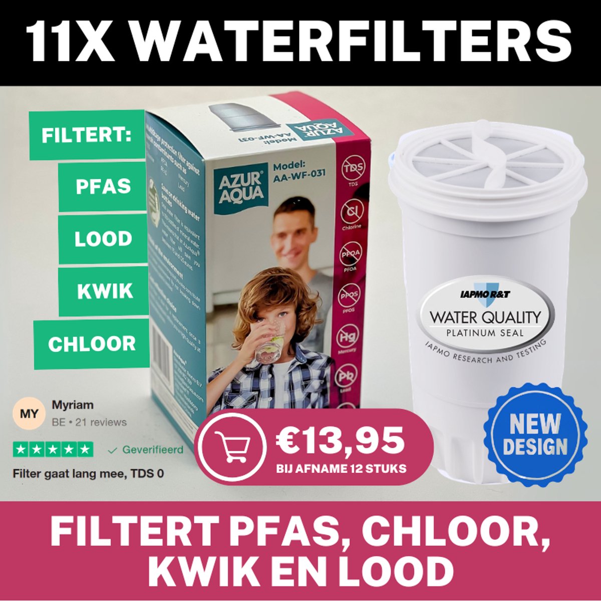 11 Pack - Filtert PFAS, Lood, Kwik en Chloor - 11x Waterfilter vervanging voor AzurAqua Waterkan - Verlaag uw TDS naar 0 - BPA vrij - CE en IAPMO gecertificeerd - Bespaar op uw mineraalwater / flessen