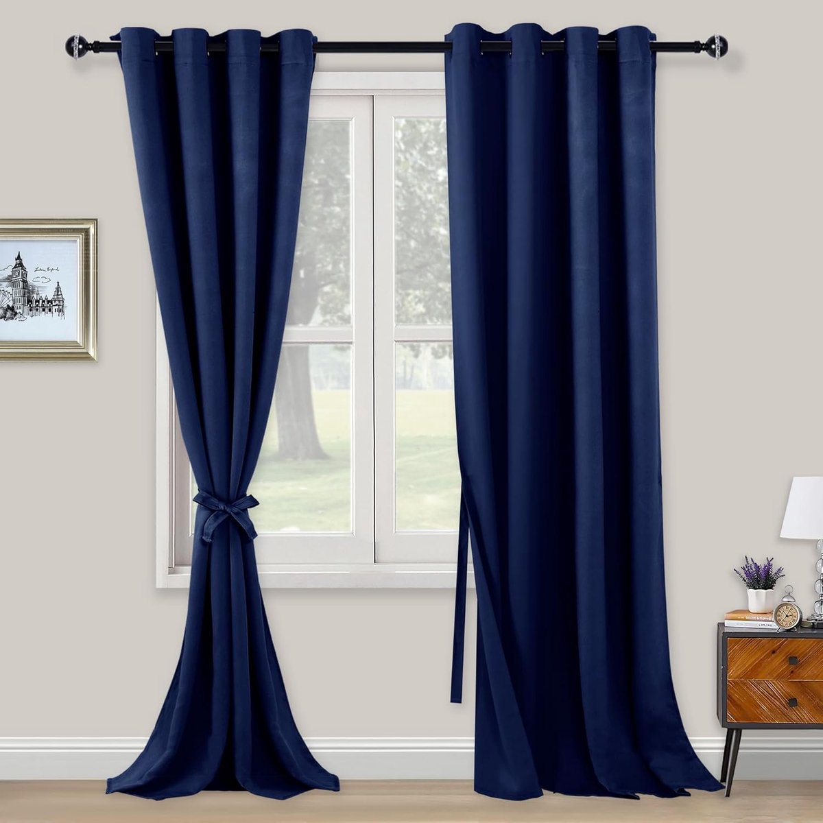Ondoorzichtige gordijnen, verduisteringsgordijnen met ringen, 2 stuks, gordijnen met gordijnhouder, ondoorzichtige gordijnen voor slaapkamer, woonkamer, kantoor, 290 x 140 cm, donkerblauw