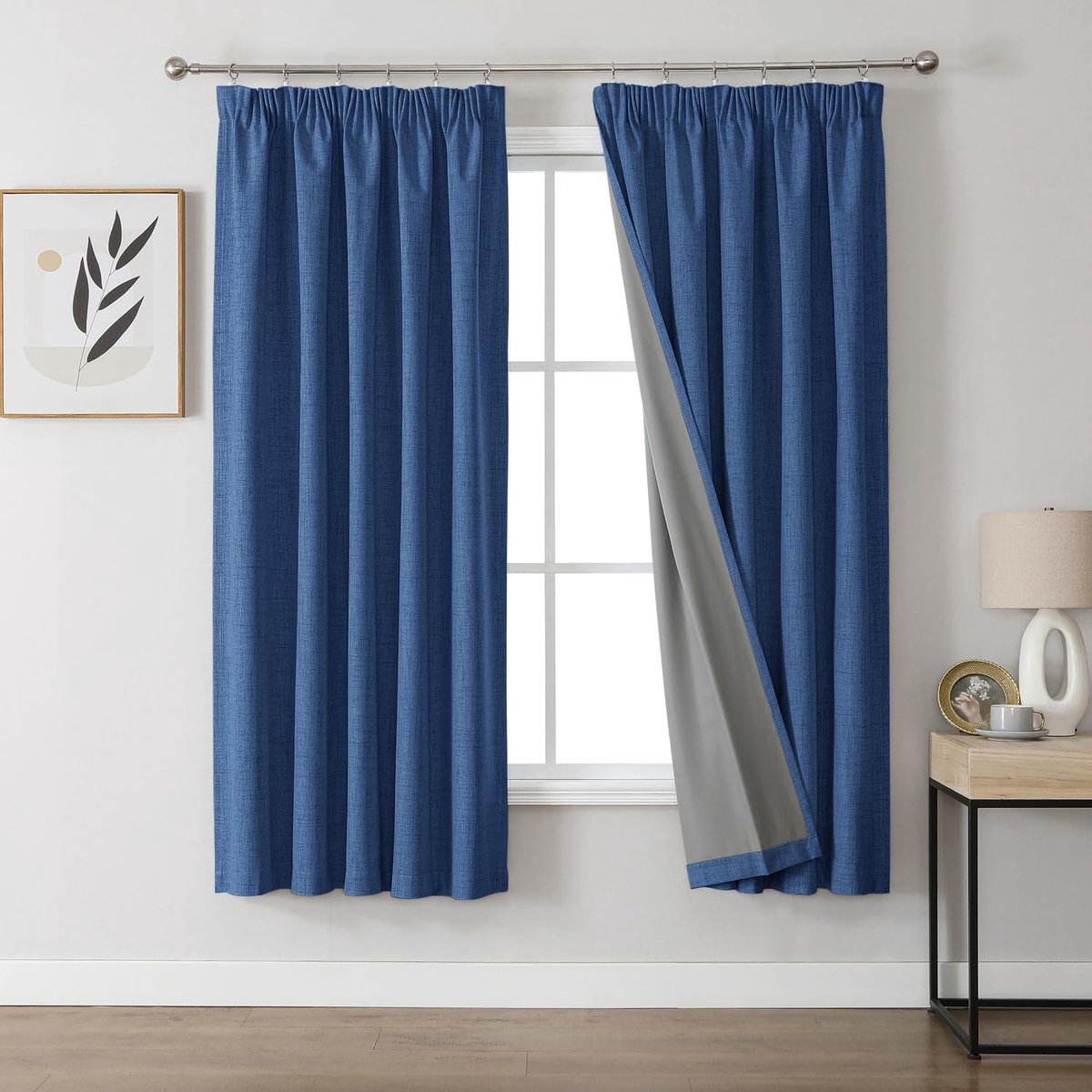 Gordijnen, 100% verduisteringsgordijnen, linnen, met plooiband, set van 2, 183 x 132 cm (h x b), marineblauw, thermogordijn, koudebescherming, ondoorzichtig, geluidsisolatie, ideaal voor