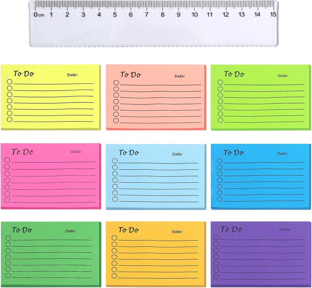 Zelfklevende notities, 450 vellen to do-lijst zelfklevende notitieblok gelinieerd notitieblaadjes zelfklevend voor familie school kantoor (10 x 7 cm), met 1 liniaal 15 cm