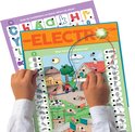 Kinderhanden verbinden het 'Electro'-spel. Een boerderijlandschap met dieren, een tractor, zon en wolken. Links en rechts zijn verticale rijen met schaduwen van dieren.