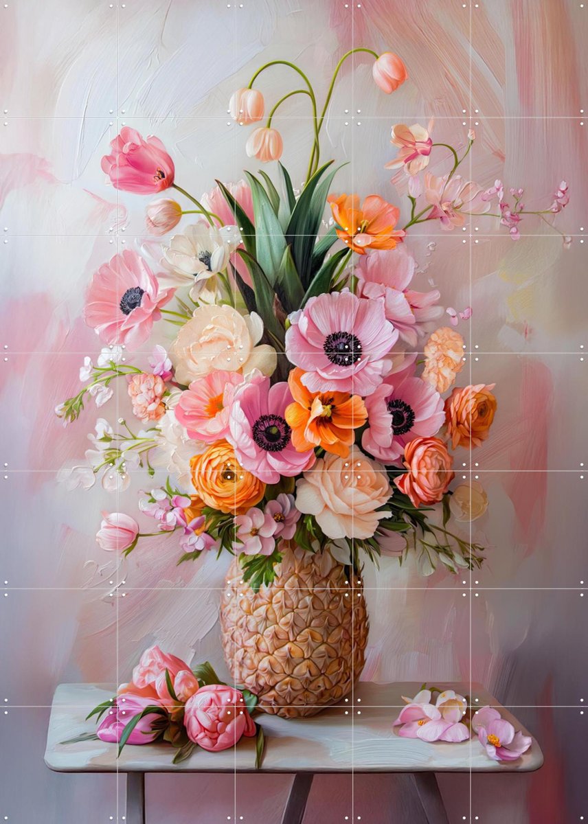IXXI Romantic Pastel Floral Still Life Painting with Flowers in Pineapple Vase, OTTI - 100 x 140 cm - Gratis ophangtool - Grote wanddecoratie en