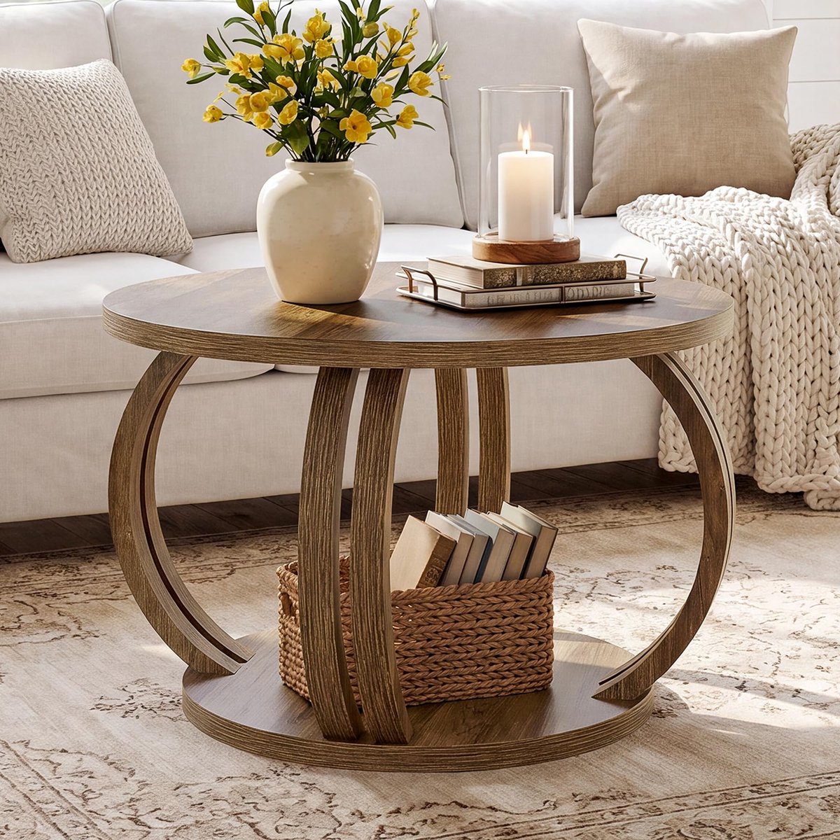 LITTLE TREE Ronde Salontafel - 80 x 80 x 50 cm - Twee Lagen Opbergruimte - Gebogen Onderstel - Boerderijstijl - Voor Woonkamer -Bruin