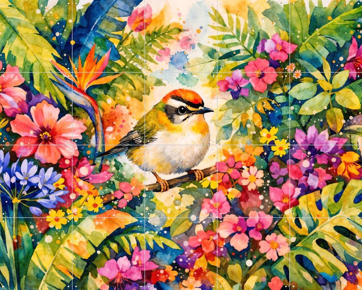 IXXI Goudhaantje Tussen Bloemen Jungle, Natalie Bruns - 100 x 80 cm - Gratis ophangtool - Grote wanddecoratie en posters - Digitale Kunst, Gang, Trap