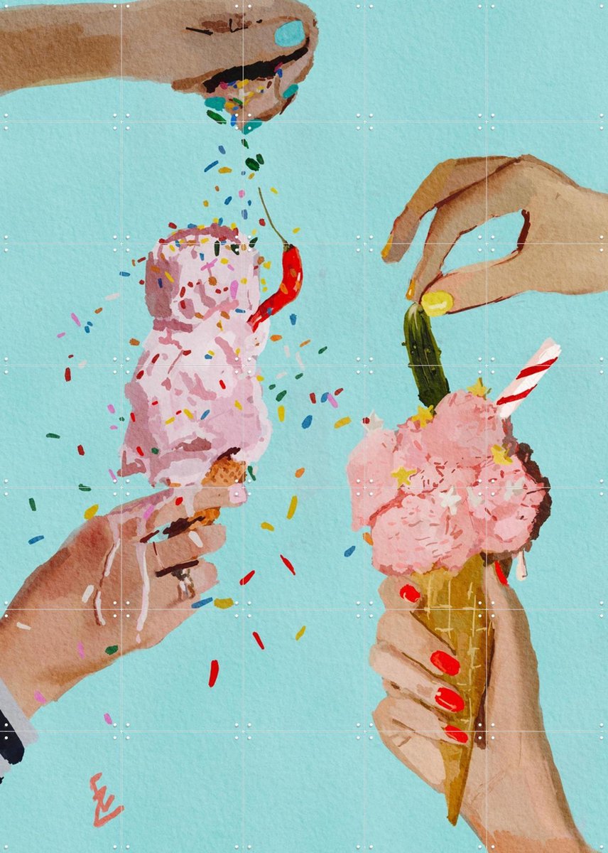 IXXI Spring Chilli and Pickle Icecream, Ekaterina Zagorska - 100 x 140 cm - Gratis ophangtool - Grote wanddecoratie en posters - Speels, Schilderijen