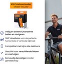 De verpakking van de R2B "Gouda" telefoonhouder naast een man op een fiets.