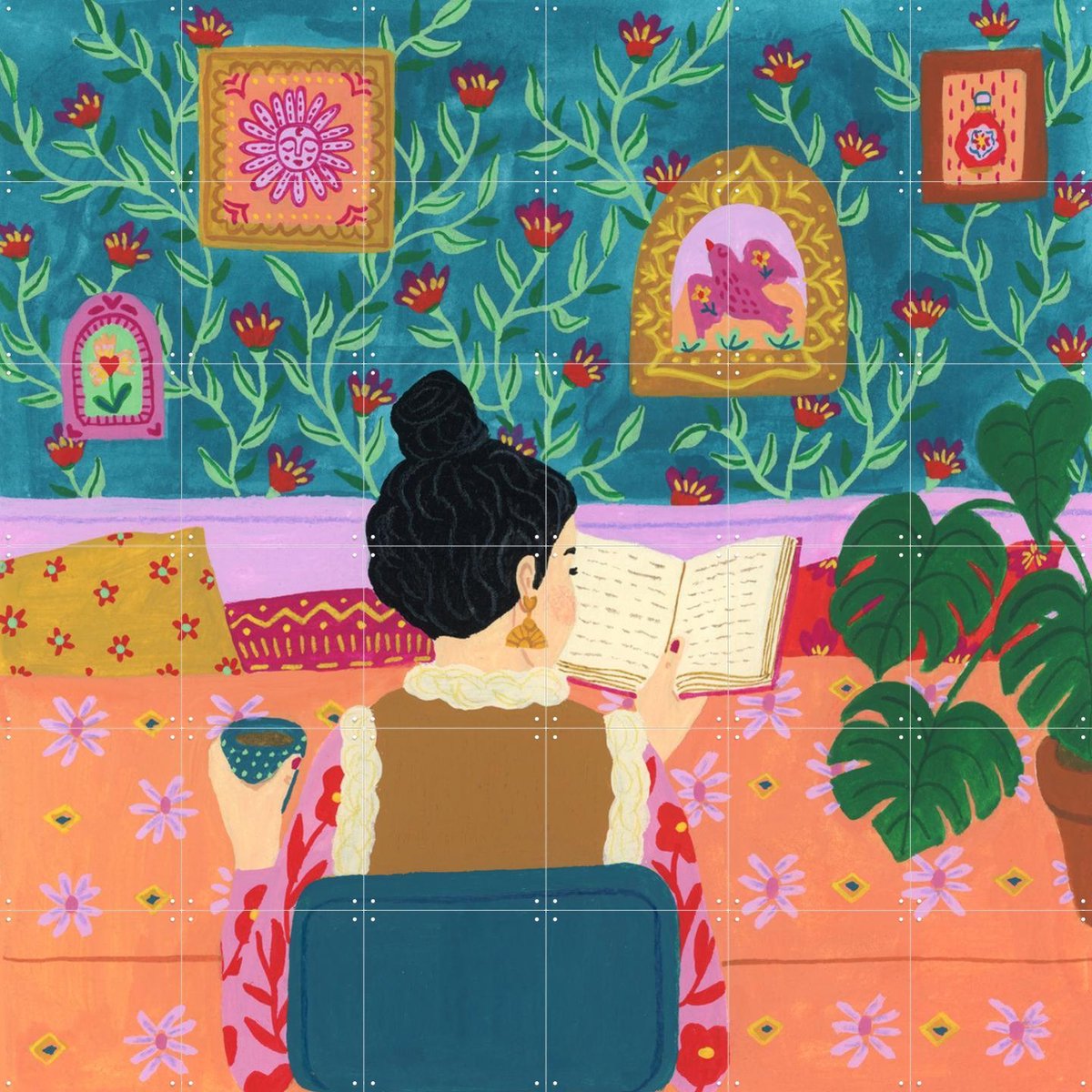 IXXI Leesmomentje, Kirsten Blom Art & Illustration - 120 x 120 cm - Gratis ophangtool - Grote wanddecoratie en posters - Cartoonesk, Speels