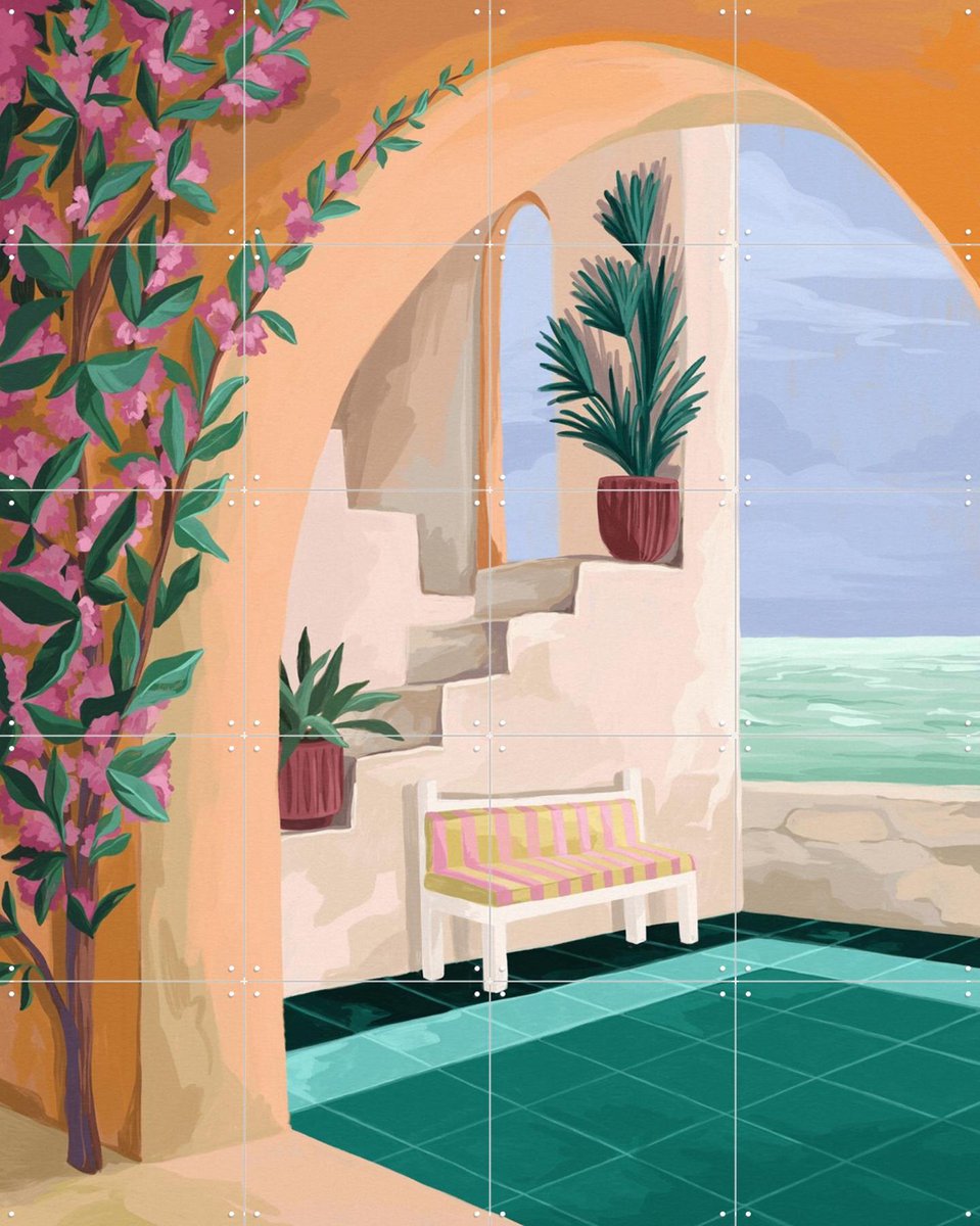 IXXI Bench With A View, Goed Blauw - 80 x 100 cm - Gratis ophangtool - Grote wanddecoratie en posters - Speels, Fantasierijk, Digitale Kunst