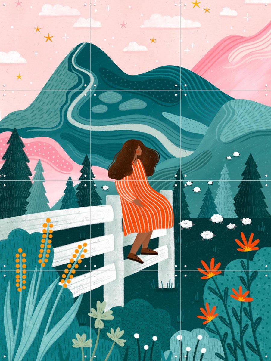 IXXI Dreamy Mountain View, Bea Müller & Various - 60 x 80 cm - Gratis ophangtool - Grote wanddecoratie en posters - Modern, Illustraties, Kleurrijk