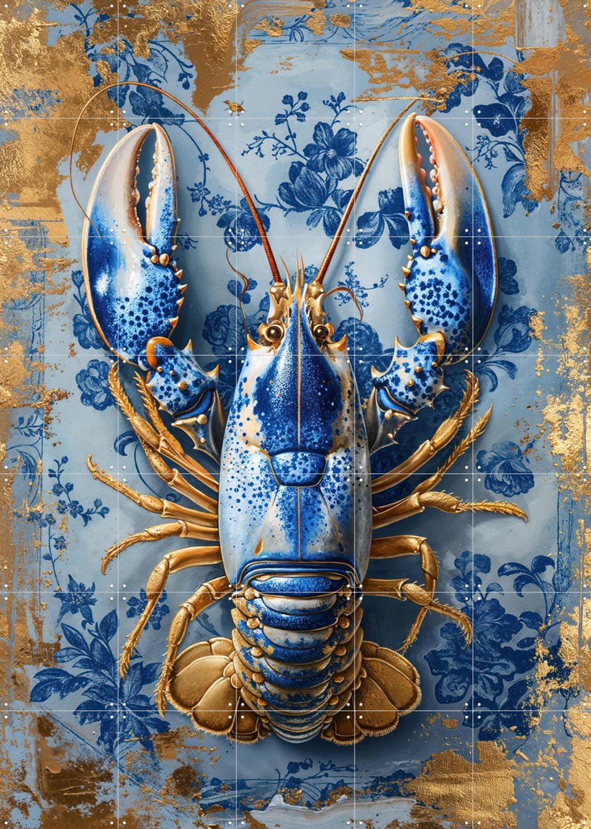 IXXI Painting Royal Delft Blue Lobster, OTTI - 100 x 140 cm - Gratis ophangtool - Grote wanddecoratie en posters - Speels, Kleurrijk, Digitale Kunst