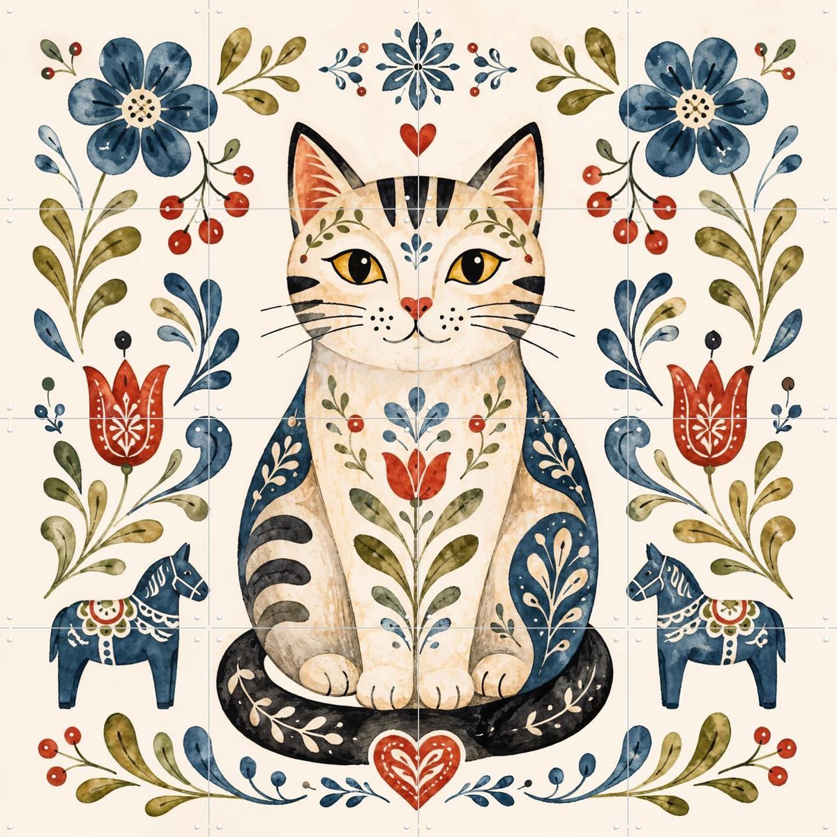 IXXI Scandinavische Folk Art - Kat met Bloemen, Natalie Bruns - 80 x 80 cm - Gratis ophangtool - Grote wanddecoratie en posters - Speels