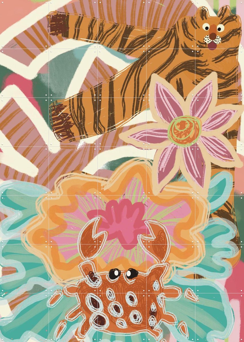 IXXI Tiger Bloom, Lotte Snoek - 100 x 140 cm - Gratis ophangtool - Grote wanddecoratie en posters - Collage, Speels, Fantasierijk, Abstract, Gemengde