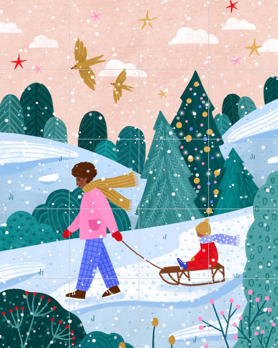 IXXI Snowy Sledge Walk, Bea Müller & Various - 80 x 100 cm - Gratis ophangtool - Grote wanddecoratie en posters - Fantasierijk, Kleurrijk, Speels