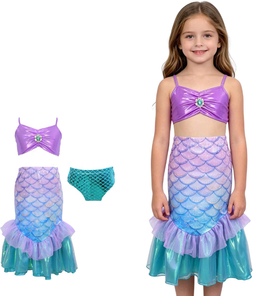 Joya Kids® Zeemeermin Bikini Meisjes met Zeemeermin Rok | 3-delige Bikini Set | Kinder Bikini | Zeemeermin Verkleedset | Zwemkleding Meisjes | Paars Blauw | Schubben | Maat 120