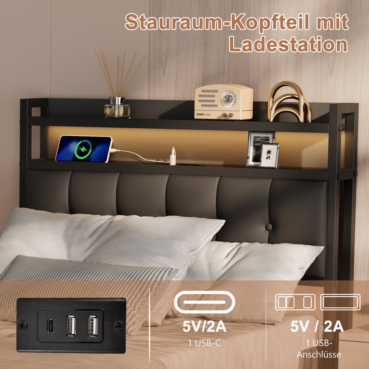 MEXUS Opbergbed 90x200 cm met ledverlichting en USB-aansluiting, Eenpersoonsbed met opbergruimte, Gestoffeerd hoofdeinde en hydraulisch opbergvak, bedframe 90x200 met lattenbodem, PU-leer Zwart