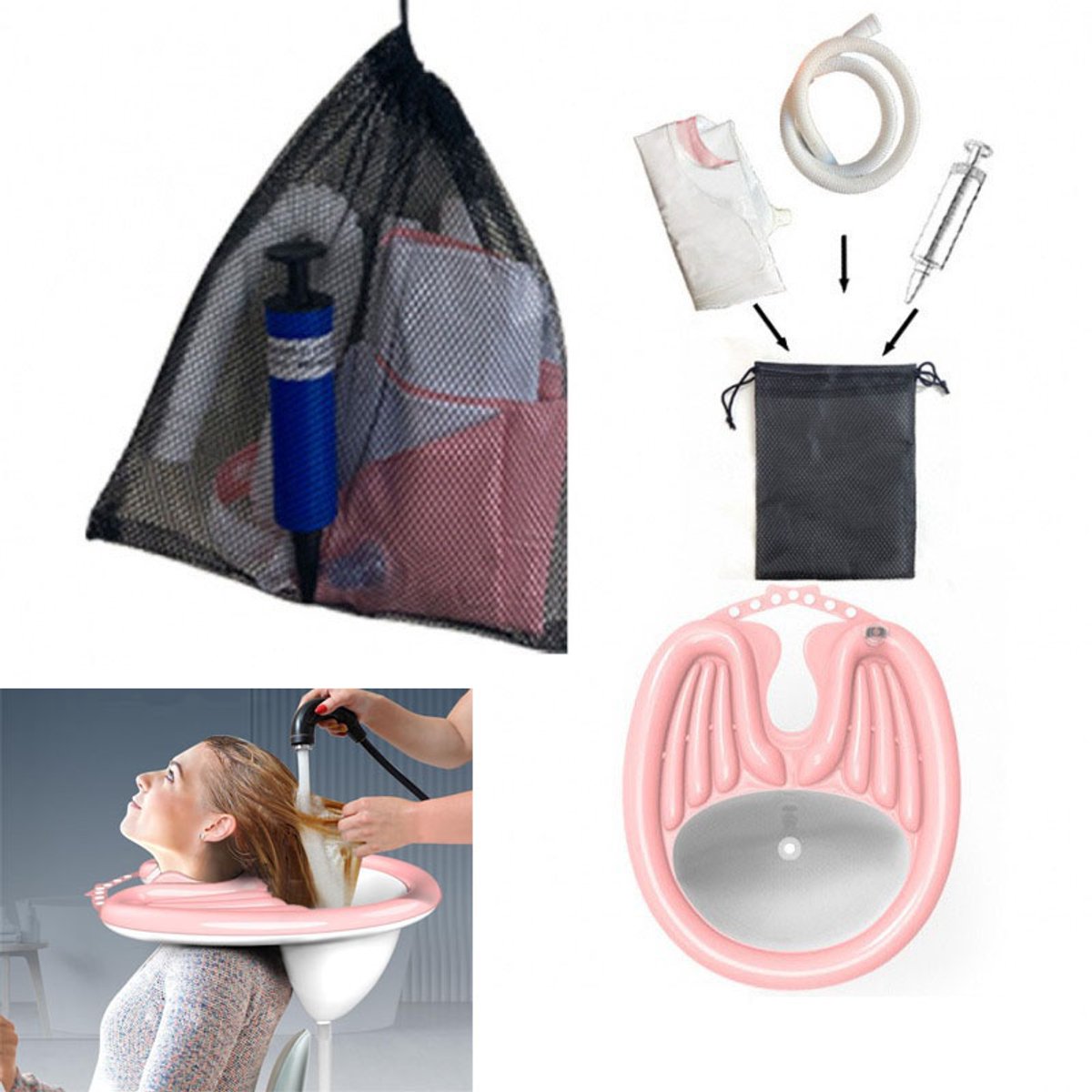 Opblaasbare shampoobak - Shampoobak voor naast het bed - Opvouwbare shampoobak - Inclusief opblaasslang, waterslang en opbergtas - PVC - Geschikt voor ouderen, mensen met een beperking, zwangere vrouwen en kinderen - Roze
