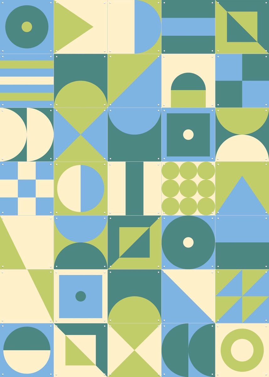 IXXI Groene Geometrische Collagebox, IXXI - 100 x 140 cm - Gratis ophangtool - Grote wanddecoratie en posters - Grafisch Ontwerp, Digitale Kunst