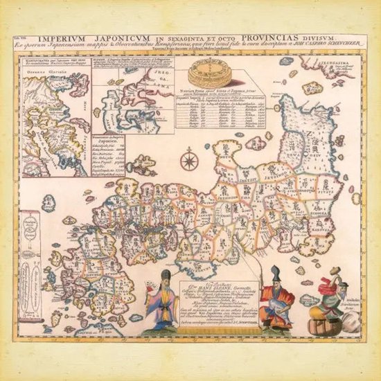 Antieke kaart van Japan met provincies, vergezeld van Japanse figuren in traditionele kledij.