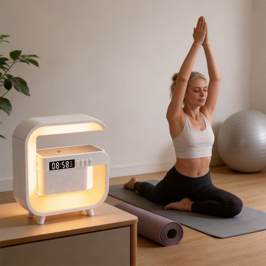 4-in-1 Bureauapparaat - Bluetooth Luidspreker - Wit - LED Lamp & Bluetooth Speaker - 15W Draadloze Oplader & Wekker - RGB Sfeerlicht & Helderheidsregeling - USB Voeding & Incl. Kabels - Voor Slaapkamer & Kantoor — afbeelding 2