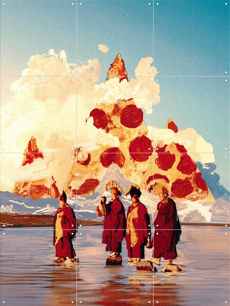 IXXI Pizza Mountains, Vineet Suresh - 60 x 80 cm - Gratis ophangtool - Grote wanddecoratie en posters - Abstract, Speels, Surrealisme, Kleurrijk