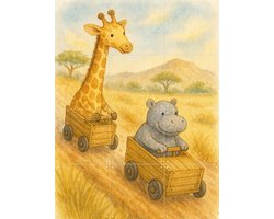 IXXI Giraf en Nijlpaard houden Zeepkistenrace, Natalie Bruns - 60 x 80 cm - Gratis ophangtool - Grote wanddecoratie en posters - Illustraties