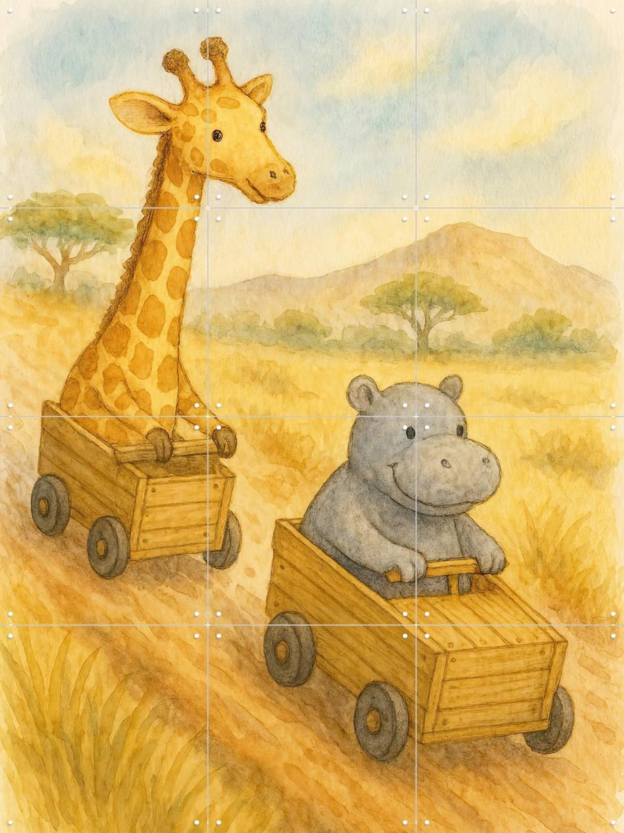 IXXI Giraf en Nijlpaard houden Zeepkistenrace, Natalie Bruns - 60 x 80 cm - Gratis ophangtool - Grote wanddecoratie en posters - Illustraties
