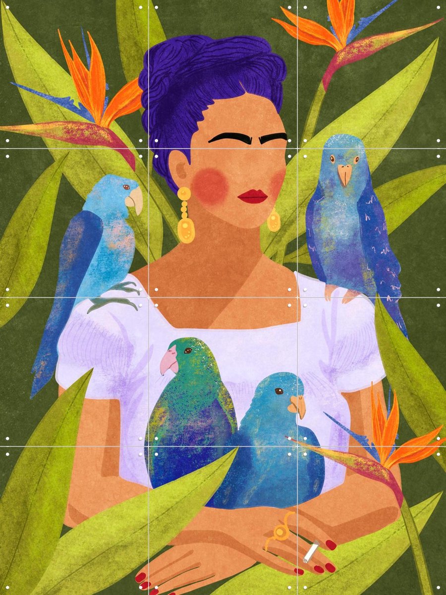 IXXI Frida And Birds, Raissa Oltmanns - 60 x 80 cm - Gratis ophangtool - Grote wanddecoratie en posters - Fantasierijk, Digitale Kunst, Pop art