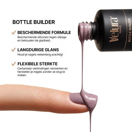 Nagel met een mauve nagelkleur. Het product wordt uit een flesje gedruppeld.