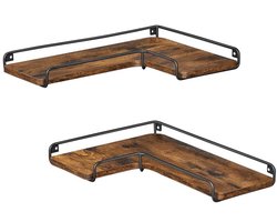 J&R Wandplank - Hoekplank - Set van 2 stuks - L-vormige plank - Hout met Metaal - Bruin & zwart