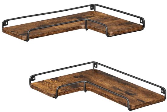 Set van twee L-vormige wandplanken met donkerbruine houtnerf en zwart metalen frame.
