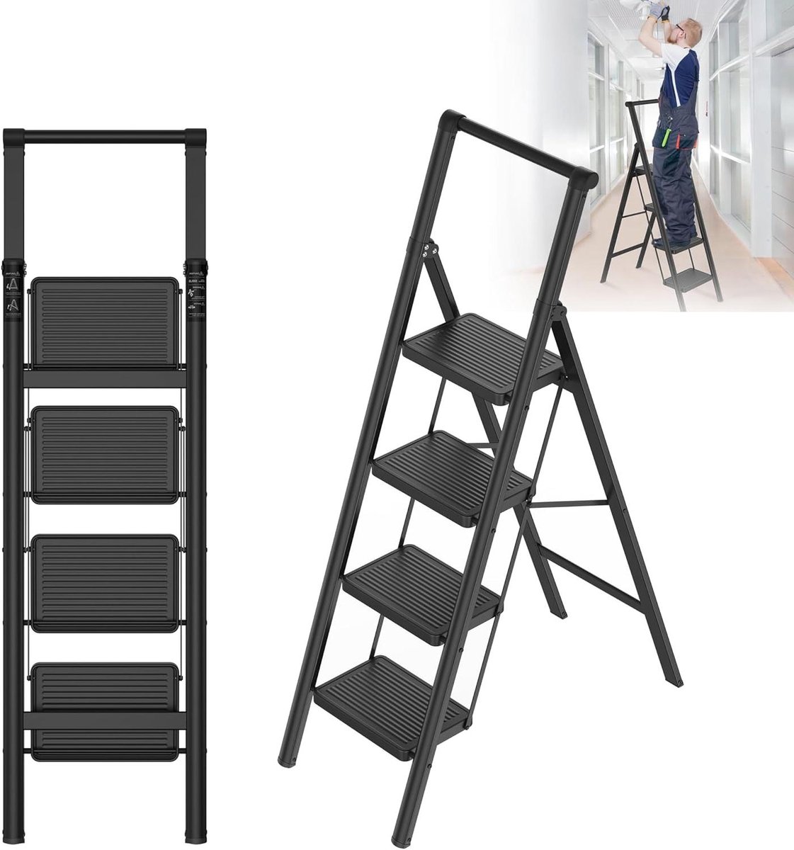 Trapladder met Leuning - Opstapkruk Vouwladder - Veilig Klussen - Extra Brede Treden - 4 Treden - Zwart