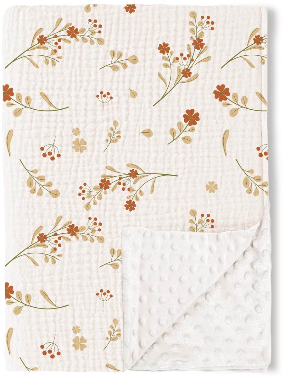 Babydeken van katoengaren, 75 x 100 cm, pasgeboren deken, 100% puur katoen en fleece, multifunctioneel dubbelzijdig babydoopcadeau, geschikt voor kinderwagens, als troostdeken of babywikkeldeken,Kleine bruine bloemen